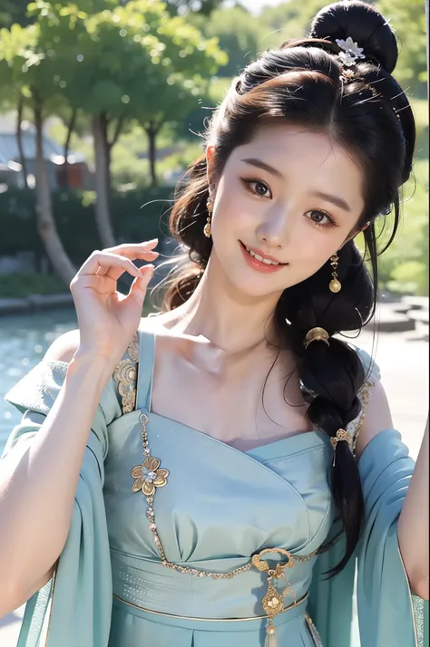 1girll，Exquisite，light  smile，Dancing by the lake，Goose yellow|deepskyblue hanfu，薄纱Hanfu beauty，质感衣服Glossy glossy skin，Ray traching，
best qualtiy，tmasterpiece，（Photorealsitic：1.4）