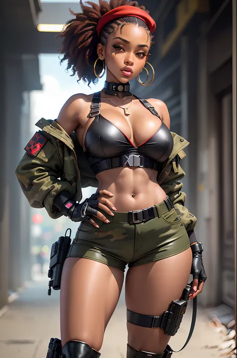 Cartoon-style digital art, beautiful black woman, face like model esyonce, bonbon brown skin, slanted Asian eyes, curly hair tied back, ponytail hairstyle, wearing red police beret, red military beret, wearing earrings large hoops, necklace with military I...