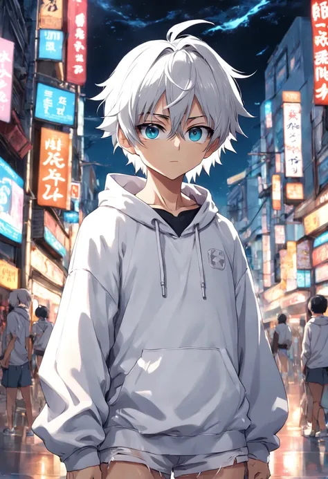 Gray-haired Japanese anime youth,Wearing VR glasses,, White hoodie, White shorts, No tattoos, Not bearded 16 years old