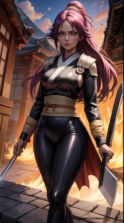 yoruichi shihōin in soul reaper uniform holding a sword, kimono japones aberto, com roupa preta por baixo, cenario de uma casa j...