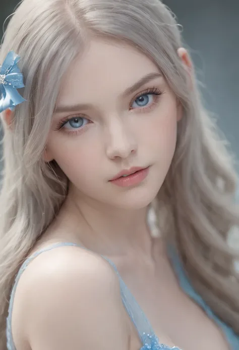 18yr old、bright expression、White shiny skin、Super Long Straight Hair、Large crystal clear light blue eyes、a blue dress、Large full breasts, hair ribbon, Surrealism, cinematic lighting, textured skin