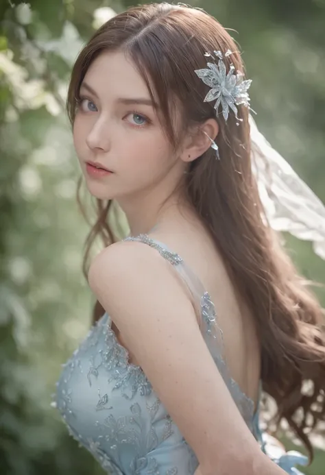 18yr old、bright expression、White shiny skin、Super Long Straight Hair、Large crystal clear light blue eyes、a blue dress、Large full breasts, hair ribbon, Surrealism, cinematic lighting, textured skin