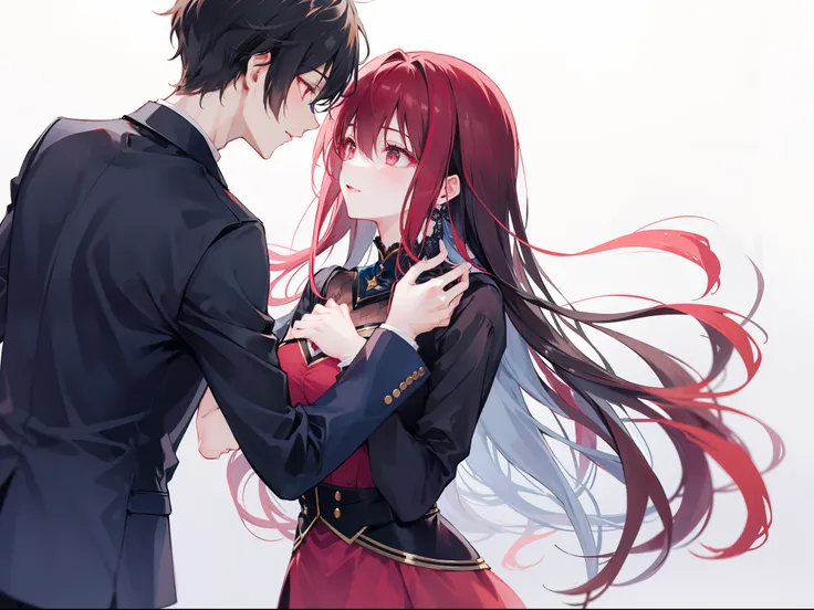 Generate two couples, the boy is a black-haired with red eyes, and the girl is a pink-haired with pink eyes. They were both wearing magic academy uniforms, tightly **embracing** each other in a warm and affectionate display of their bond.