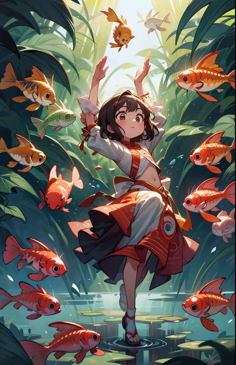 masterpiece, concept art, Picture a scene resonating with serenity and imagination. A young girl engrossed in a captivating novel, accompanied by a harmonious sky backdrop. Koi fishes dance gracefully around her, their vibrant colors popping against the se...