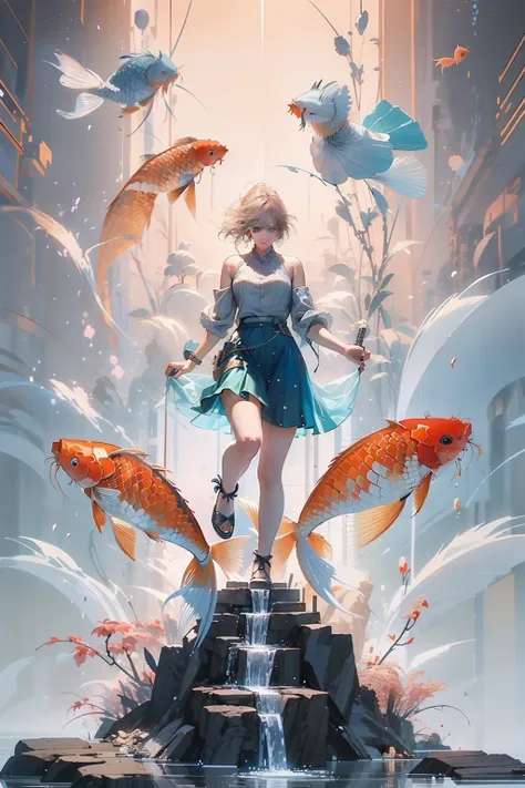 ((((Sit on a carp))))，carp，(Koi)，A woman of outstanding figure，Wear a nice miniskirt，Leaking out of both shoulders，jewely，Amazing work，Vitreous luster,clean backdrop，High gloss，blue colors，In pink，cyan colors