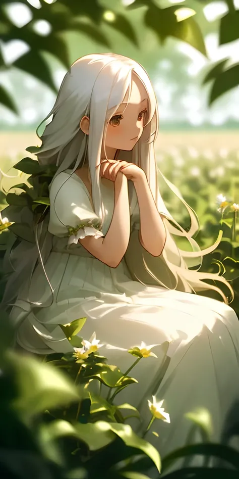 (masterpiece, best quality),1girl with long white hair sitting in a field of green plants and flowers, her hand under her chin, warm lighting, white dress, blurry foreground