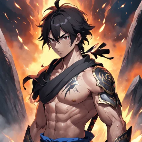 At the summit，Giant rocks，precipice，background inside dark，fire glow，quadratic element，style of anime，mtu（Male Warrior），musculature，The proportions are correct，Face details，swordsmen，High ponytail hairstyle，perspired，Sweat on the face，drools，Neck details，T...