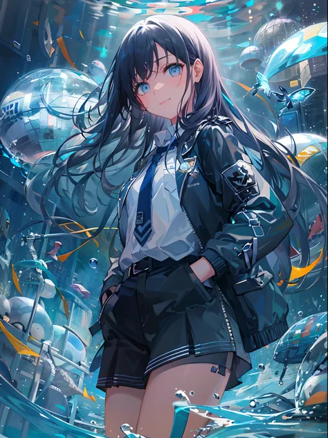 ((top-quality)), ((​masterpiece)), ((ultra-detailliert)), (extremely delicate and beautiful), girl with, 独奏, cold attitude,((Black jacket)),She is very(relax)with  the(Settled down)Looks,A dark-haired, depth of fields,evil smile,Bubble, under the water, Ai...