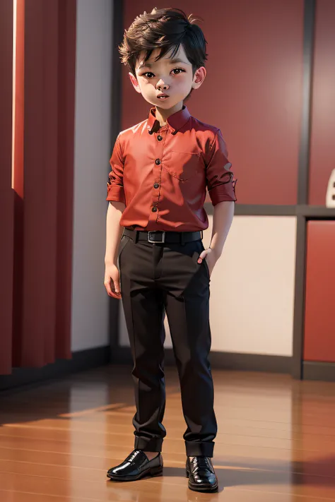 Funny little boy full body, 3d rendering, 8K, handsome, office background. kemeja merah, celana hitam panjang