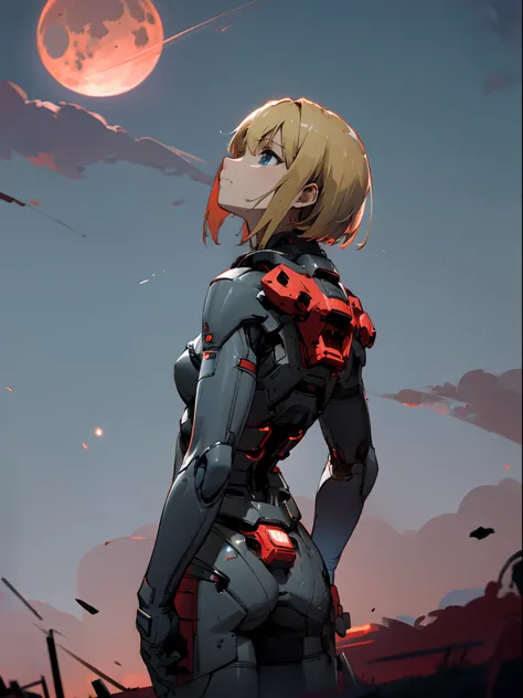 1woman, solo, protectsuits, grief face, blonde hair, blue eyes, short bob, look up sky, heavy cloudy sky, grey field, wistfulnes...