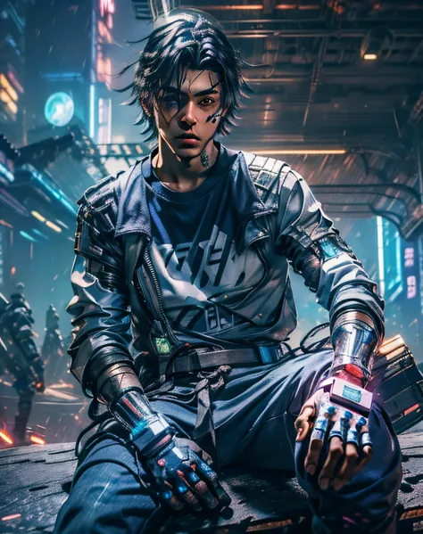 Imagem realista de jovem bonito，com capacete cyber punk, Qualidade ultrarrealista，um jovem 23, 22 anos，peito grande，usando uma roupa，Vestindo armadura de cyber punk， a purple ocúlos，homens musculosos， Man ，imagem 8k，Realiy, is wearing a cyber punk helmet