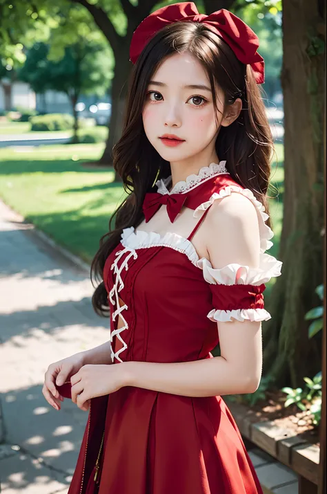 photo of a girl in red lolita_dress, dutch , bright eyes, blurred background, fine details, photorealistic, relaxed atmosphere, film photography, natural blurry