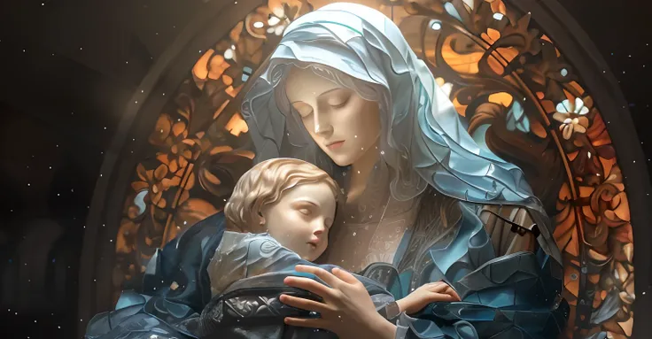 Arafed image of a statue of a woman holding a child, Arte bonita UHD 4K, bela arte digital, Directed by: Roman Bezpalkiv, beautiful depiction, Directed by: Anton Fadeev, mami, Vitrais Maxim Verehin, arte wlop, Magali Villeneuve», mucha estilo 4k, catholic ...