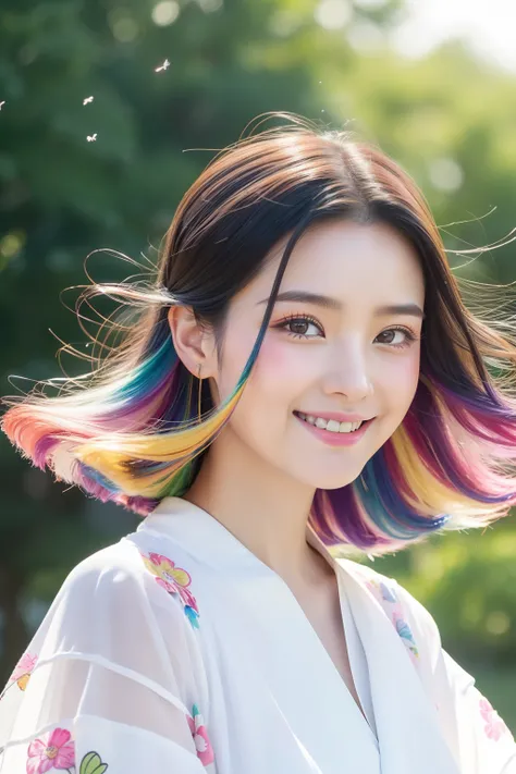 (top-quality、8K、32K、The background of the masterpiece is Kaisaku）Colorful hair of various colors fluttering in the wind、prety woman、Looks fun、colourfull、Transparency、Soft smile、Wearing white clothes