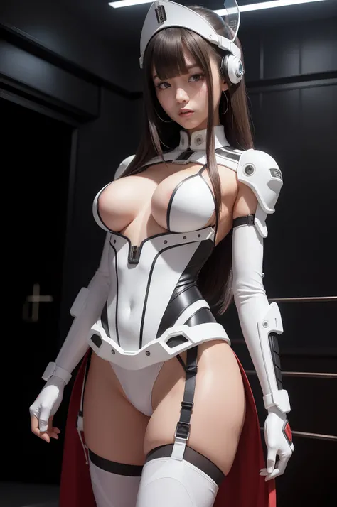 Hipview、a japanese girl、28 year old、Standing Behind Pose、cybernetic、Vinyl shiny white outfit、beautiful dark chestnut hair、Exposure of thighs and abdomen、 Detailed skin texture, Detailed Cloth Texture, beautifull detailed face, 二重まぶた、A slight smil、perfect b...