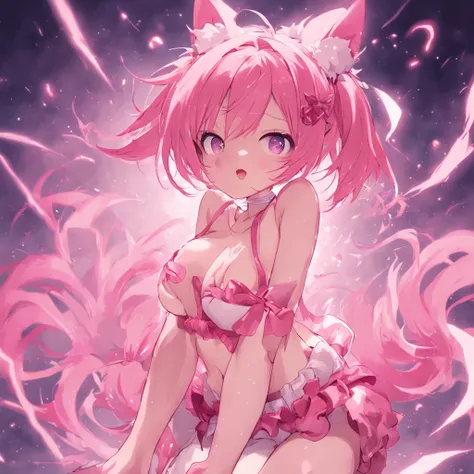 A pink-haired，dual horsetail，slip bra，Cute loli，cat ear，short detailed hair，white legwear，The reveal panties，Exposing bra，Reveal tender belly，Poor milk，