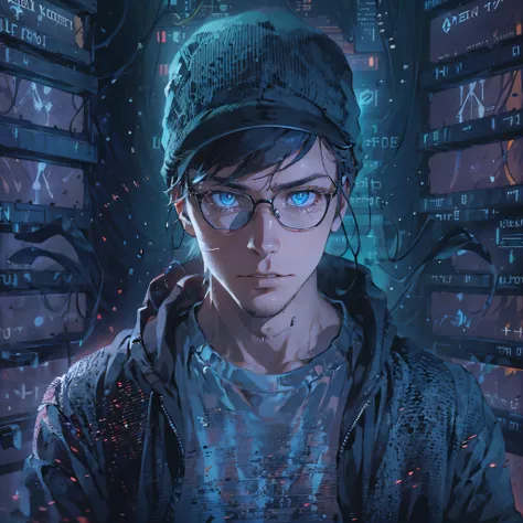 A hacker talking about cybersecurity, emosional, a young man, 27 years old, glasses, blue eyes, in front of servers, revenge, god light, stunning arts, black hat, revenge, cyber wars, watch dogs, hacking.