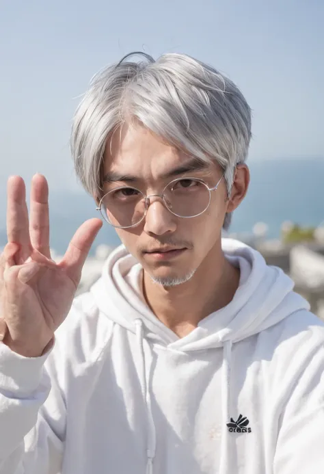 Gray-haired Japanese anime youth,Wearing VR glasses,, White hoodie, White shorts, No tattoos, Not bearded 16 years old