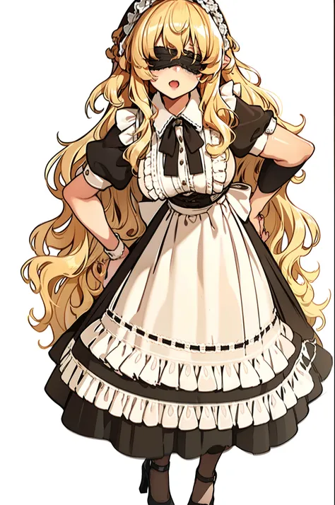 (masterpiece,bestquality,highlydetailed,ultra-detailed), mature female,milf,solo,(blonde hair:1.5),(wavy hair:1.5),(big curls:1.2),(long hair:1.2),(ample bosom:1.2),(blindfolded:1.2),(alluring:1.2),(French woman:1.2),French maid, (black dress, white apron)...