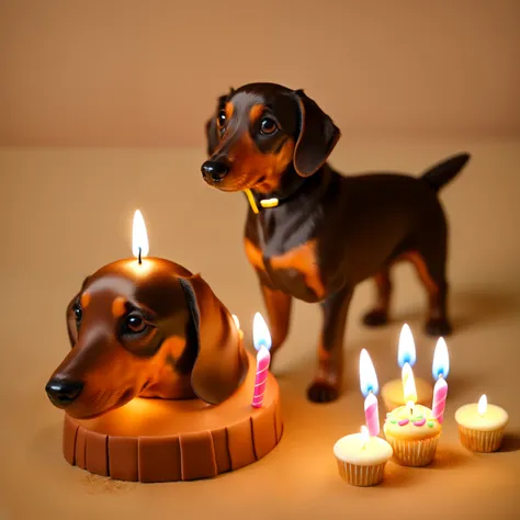 Brown miniature dachshund、Birthday Cake、27 lighted candles stand on the cake