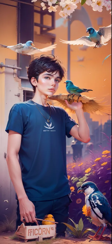 Boy with Bird futuristic background realistic face ultra high quality HD