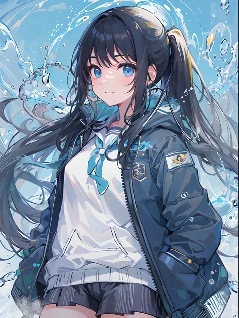 ((top-quality)), ((​masterpiece)), ((ultra-detailliert)), (extremely delicate and beautiful), girl with, 独奏, cold attitude,((Black jacket)),She is very(relax)with  the(Settled down)Looks,A dark-haired, depth of fields,evil smile,Bubble, under the water, Ai...