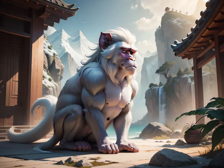 tmasterpiece，A high resolution，3D，CG animation，exteriors，Chinese mythology and stories，Inspired by the Classic of Mountains and Seas，Mountain and sea scripture mythical beast macaque，（White ears）of macaques，，Human face