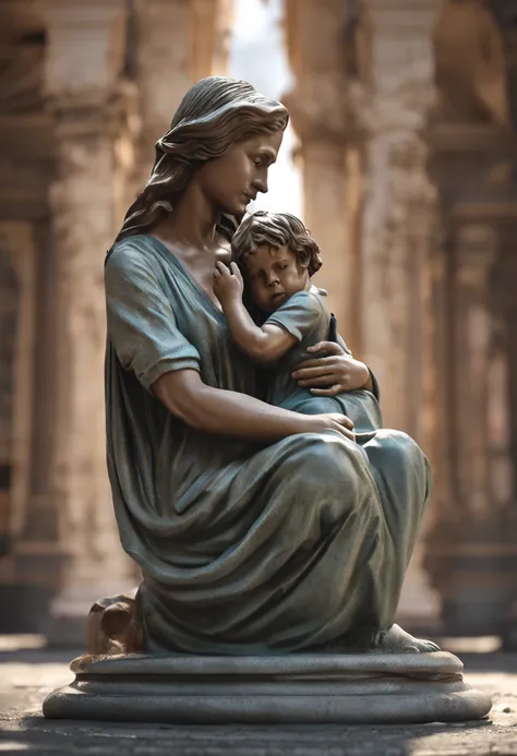 Arafed image of a statue of a woman holding a child, Bela arte, 8K, foto de arte mais bonita do mundo, bela arte digital, poros a pele, rosto detalhado, vibrando, fotografia realista, Realistic, (altamente detalhado:1.4), Pintura digital, rendering by octa...