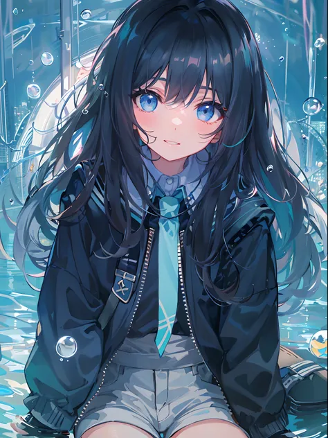 ((top-quality)), ((​masterpiece)), ((ultra-detailliert)), (extremely delicate and beautiful), girl with, 独奏, cold attitude,((Black jacket)),She is very(relax)with  the(Settled down)Looks,A dark-haired, depth of fields,evil smile,Bubble, under the water, Ai...