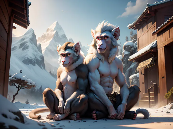 tmasterpiece，A high resolution，3D，CG animation，exteriors，Chinese mythology and stories，Inspired by the Classic of Mountains and Seas，Mountain and sea scripture mythical beast macaque，（White ears）of macaques，，Human face