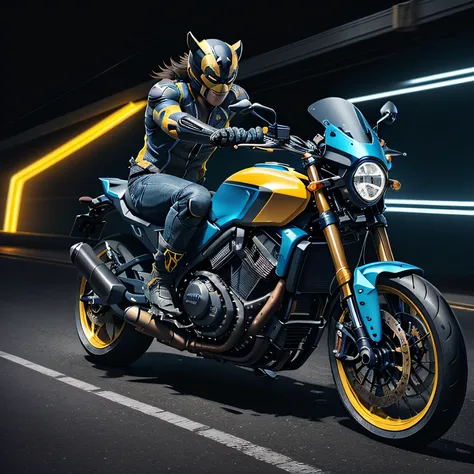 "generate motorcycle similar to wolverine, mixed dark yellow and blue colour, cinematic view, motorcycle only"