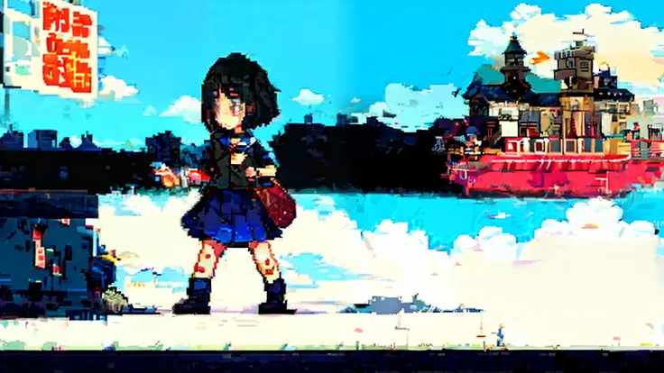 ((巨作,Best Quality)),1girl, 独奏, school uniforms, serafuku, sky, cloud, Black hair, skirt, sailor collar, looking at the scenes, short hair hair, building, explosions, Napkin, long-sleeved, cloudy sky, Power lines, shirt, Cityscape, Pleated skirt, vista, blu...