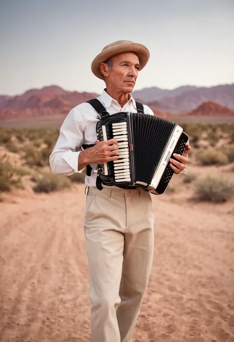 "Cinematic desert landscape with an accordion player"