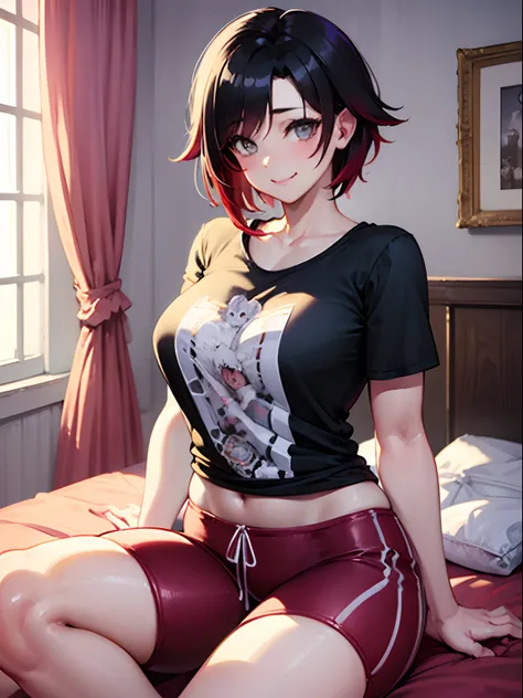 (masterpiece, best quality:1.2), cowboy shot, 独奏, 1girl, ruby rose, smile, looking a viewer, earphones, nightie, t shirt, black ...