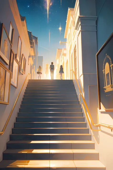 in the style of makoto shinkai, superfine illustration, Best Quality, Generate illustration of a staircase stretching towards a golden cloud in the sky, It is characterized by a sense of mystery and fantasy. The stairs should seem to lead to heaven. The wh...