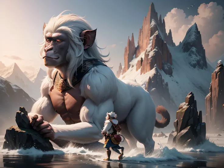 tmasterpiece，A high resolution，3D，CG animation，exteriors，Chinese mythology and stories，Inspired by the Classic of Mountains and Seas，Mountain and sea scripture mythical beast macaque，（White ears）of macaques，，Human face