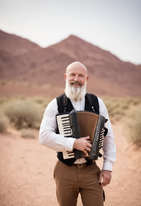 "Cinematic desert landscape with a bald accordionist with a beard, 40 anos , black watch on arm and happy"