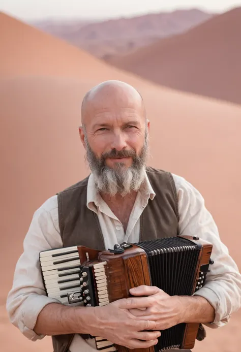 "Cinematic desert landscape with a bald accordionist with a beard, 40 anos , black watch on arm and happy"