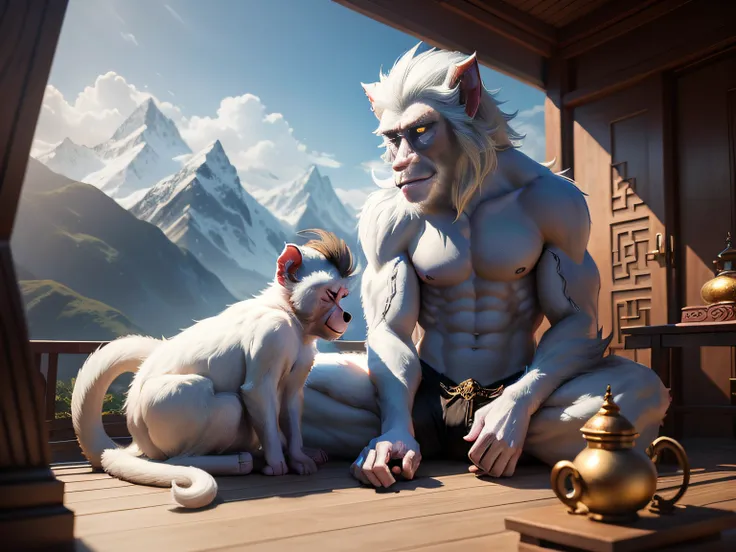 tmasterpiece，A high resolution，3D，CG animation，exteriors，Chinese mythology and stories，Inspired by the Classic of Mountains and Seas，Mountain and sea scripture mythical beast macaque，（White ears）of macaques，，Human face