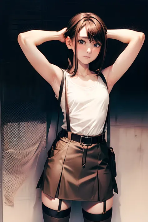 skirt by the, Tank Tops　suspenders, Brown hair short, Gray eyes, holster, Garter belt on the legs, moderate chest and tight clothes, 　　 a belt　Armpit sweat　　deadpan