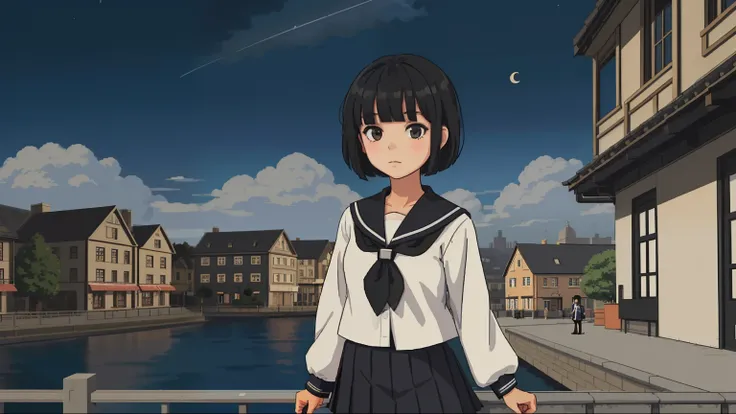 ((巨作,Best Quality)),1girl, 独奏, school uniforms, serafuku, sky, cloud, Black hair, skirt, sailor collar, looking at the scenes, short hair hair, building, explosions, Napkin, long-sleeved, cloudy sky, Power lines, shirt, Cityscape, Pleated skirt, vista, blu...