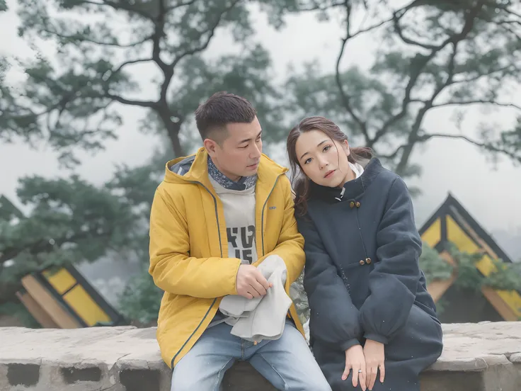 there is a man and woman sitting on a stone wall, ruan jia and brom, taken with canon eos 5 d mark iv, ruan jia and fenghua zhong, like jiufen, cold, taken with canon 5d mk4, shot on canon eos r5, shot on canon eos r 5, couple