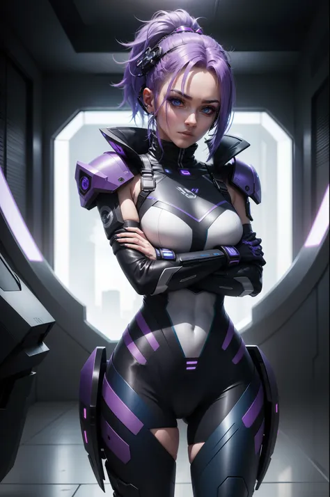 imagem ultra realista de mulher cyber punk com cabelo roxo e azul, mulher atraente com armadura cyber punk, he has his arms crossed and looking straight ahead, olhar pentrante, several different positions, ultra HD, imagem 8k, fundo cores roxas e azuis