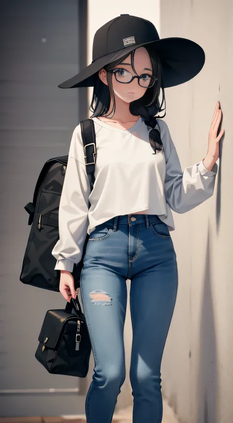 This intimate portrait captures the essence of a young girl with black hair. Her short-brimmed black fishing hat and jeans reflect a casual yet stylish demeanor. Glasses perched on her nose hint at her curiosity and intellect. Her face, caught in a moment ...