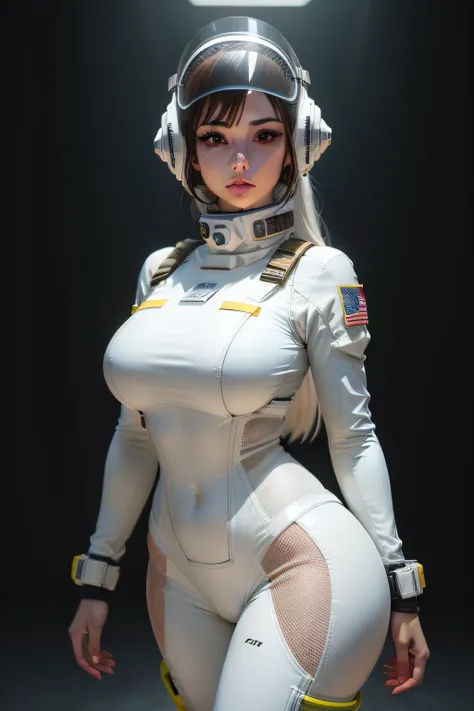 Mulher em roupa espacial, capacete espacial com visor de vidro,   equipamentos realistas espaciais, traje espacial realista em latex branco, horizonte espacial ao fundo, Cinematic details, Photorealistic lighting, melhor qualidade, papel de parede 8k.