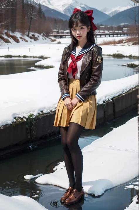 (full body:1.5)，(1girl:1.3),(view the viewer:1.4)，(anatomy correct:1.3),(Sitting by the creek of a snowy mountain:1.2),(A red and yellow Sailor suit and pleated skirt with ribbons:1.2),(Tan Pantyhose:1.3),( JK uniform small leather shoes with bows for fema...