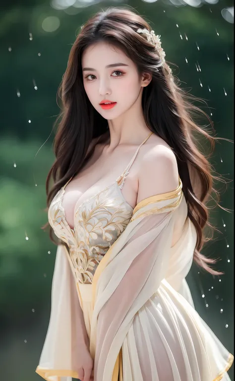 ((Best Quality, 8k, Masterpiece: 1.3)), Focus: 1.2, Perfect Body Beauty: 1.4, Buttocks: 1.2, ((Layered Haircut)), (Wet Clothes: 1.1), (Rain, Street:1.3), (Breasts: 1.2), (Hanfu: 1.2), Bare Shoulders, Bare Legs, Highly Detailed Face and Skin Texture, Fine E...