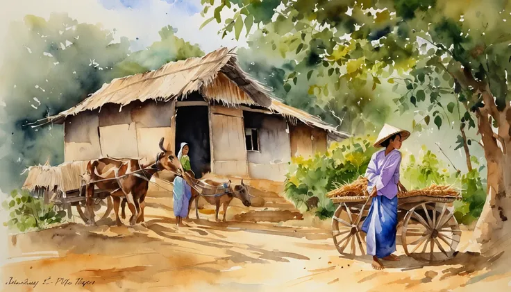 myanmar burmese village, Farm and cottage, farmer girls