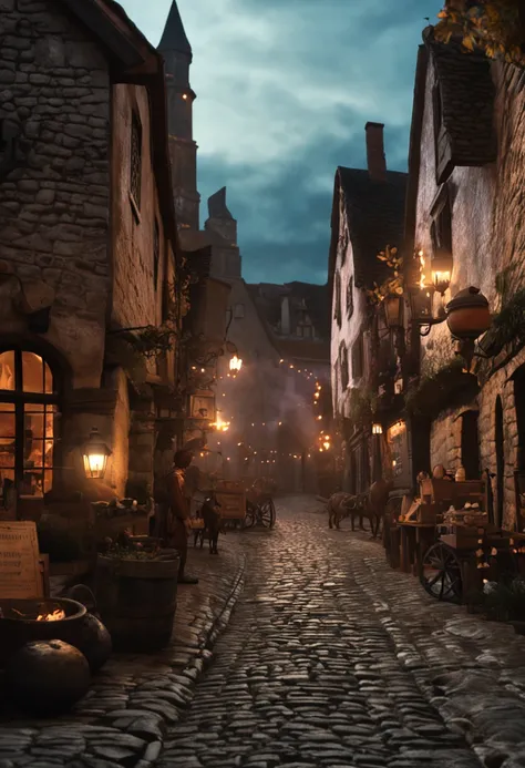 "Medieval street perspective with a bustling crowd, cobblestone pathway, quaint shops, and flickering torches casting atmospheric shadows."