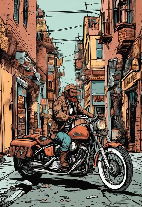 um homem ruivo careca porem de pele clara com uma barba ruiva mas sem bigode so contornando o queijo estilo viking. Casaco de motociclista, ripped pants and biker leather boot.Hes walking into a bar with a pool and a small counter . He ordered a pin up sty...